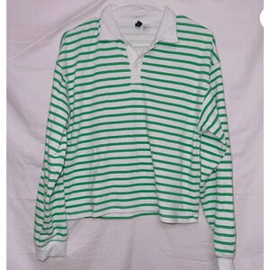 H&M Divided Green White Striped Long Sleeve Collared Top women's size LARGE